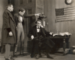Unidentified actors and Raymond Massey as Lincoln in the stage production Abe Lincoln in Illinois.