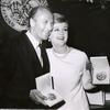 Angela Lansbury and Richard Kiley holding their Tony Awards (for Dear World and Man of La Mancha, respectively) at the 1969 Tony Awards