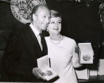 Angela Lansbury and Richard Kiley holding their Tony Awards (for Dear World and Man of La Mancha, respectively) at the 1969 Tony Awards