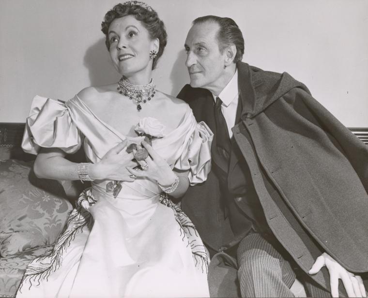Publicity photo of Jarmila Novotna and Basil Rathbone in the stage production Sherlock Holmes