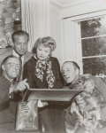 Producer Bill Doll, director Reginald Denham, playwright Ouida Rathbone, Basil Rathbone, and Rover during preparation for the stage production Sherlock Holmes