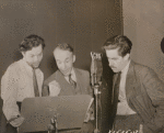 Orson Welles, Archibald MacLeish and William Robson performing the radio drama Air Raid.