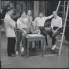 Stephen Sondheim, Arthur Laurents, Hal Prince, co-producer Robert Griffith (seated), Leonard Bernstein and Jerome Robbins on the set of West Side Story.