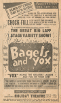 Advertisement for the stage production Bagels and Yox