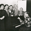 Betty Comden, Rosalind Russell, Adolph Green, George Abbott, Lehman Engel, and Leonard Bernstein (at piano) in rehearsal for the stage production Wonderful Town, 1953.