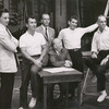 Stephen Sondheim, Arthur Laurents, Hal Prince, Robert Griffith, Leonard Bernstein, and Jerome Robbins during rehearsal for the stage production West Side Story