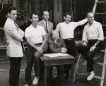 Stephen Sondheim, Arthur Laurents, Hal Prince, Robert Griffith, Leonard Bernstein, and Jerome Robbins during rehearsal for the stage production West Side Story