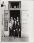 Front row (L to R): Jack Gelber, Julian Beck and Judith Malina. Back row: Merce Cunningham, Peter Feldman and James Spicer in doorway of The Living Theatre