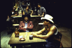 Actors (front, L-R) Willis Burks II and Bo Rucker with (rear, L-R) Ed Wheeler, Loretta Devine and Ruben Santiago-Hudson in a scene from the New York Shakespeare Festival production of the play, "East Texas Hot Links" (New York)