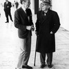  (L-R) Choreographer George Balanchine chatting with composer Igor Stravinsky outside New York State Theater.