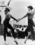 (L-R) Ballet dancers Arthur Mitchell and Diana Adams in rehearsal for "Agon" at NYC Ballet. George Balanchine and Igor Stravinsky are also present in the background