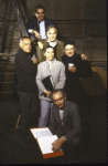 (Center L-R) Director Jose Quintero with actors Clarissa Kaye, James Mason and Ed Flanders (who left the production prior to opening) with playwright Brian Friel (front) and producer Morton Gottlieb (top) in a rehearsal shot from the Broadway play "Faith Healer." (New York)
