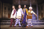 Actors (L-R) Robert Nichols, Lenny Wolpe, Mitchell Greenberg & Mickey Rooney in a scene fr. the National revival tour of the Broadway musical "A Funny Thing Happened on the Way to the Forum." (New York)