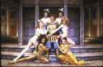 Actor Michael Dantuono (C) w. actresses (clockwise fr. Top R) Renee Robertson, Karen Byers, Zoie Lam, Victoria Dillard, Lesley Durnin & Lori Ellen Mello in a scene fr. the National revival tour of the Broadway musical "A Funny Thing Happened on the Way tothe Forum." (New York)
