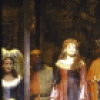 Actors (2L-4L) Paxton Whitehead, Christine Ebersole & Richard Burton w. cast in a scene fr. the revival of the Broadway musical "Camelot." (New York)