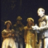 Actor Paxton Whitehead & "Bob" the dog w. cast in a scene fr. the revival of the Broadway musical "Camelot." (New York)