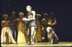 Actor Paxton Whitehead & "Bob" the dog w. cast in a scene fr. the revival of the Broadway musical "Camelot." (New York)