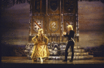 Actors Martha Traverse & Richard Harris in a scene fr. the revival tour of the Broadway musical "Camelot." (St. Louis)