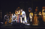Actors (C) Christine Ebersole & Richard Burton w. cast in a scene fr. the revival of the Broadway musical "Camelot." (New York)