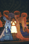 Actresses (L-R) John-Ann Washington, Deborah Malone & Juanita Fleming w. cast in a scene fr. the Bus & Truck tour of the Broadway musical "The Wiz." (Wilmington)