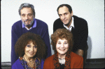 Actresses (Front L-R) Cleo Laine & Charlotte Rae w. composer Stephen Sondheim (Top L) & author James Lapine (Top R) in a rehearsal shot fr. the National Tour of the Broadway musical "Into the Woods." (New York)