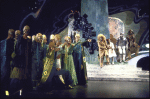 Actors (4R-R) Ted Ross, Stephanie Mills, Tiger Haynes & Stu Gilliam (who was replaced prior to Broadway opening) w. cast in a scene fr. the Broadway musical "The Wiz." (New York)
