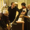 (L-R) Musical director Scott Frankel, composer Leonard Bernstein, Musical Supervisor Paul Gemignani, actor Scott Wise & director/choreographer Jerome Robbins around piano during rehearsal for the Broadway musical retrospective "Jerome Robbins' Broadway." (New York)