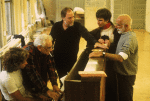 (L-R) Musical director Scott Frankel, composer Leonard Bernstein, Musical Supervisor Paul Gemignani, actor Scott Wise & director/choreographer Jerome Robbins around piano during rehearsal for the Broadway musical retrospective "Jerome Robbins' Broadway." (New York)