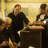 (L-R) Musical director Scott Frankel, composer Leonard Bernstein, Musical Supervisor Paul Gemignani, actor Scott Wise & director/choreographer Jerome Robbins around piano during rehearsal for the Broadway musical retrospective "Jerome Robbins' Broadway." (New York)