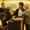(L-R) Musical director Scott Frankel, Musical Supervisor Paul Gemignani, composer Leonard Bernstein, actor Scott Wise & director/choreographer Jerome Robbins around piano during rehearsal for the Broadway musical retrospective "Jerome Robbins' Broadway." (New York)