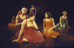 Actresses (L-R) Aku Kadogo, Rise Collins, Trazana Beverly (front), Laurie Carlos, Seret Scott & Paula Moss in a scene fr. the New York Shakespeare Festival's production of the play "For Colored Girls Who Have Considered Suicide When the Rainbow is Enuf." (New York)
