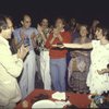 (Front L-R) Producer Joseph Papp & actors Tony Azito, Kevin Kline, Rex Smith, Patricia Routledge & Linda Ronstadt w. cast at 34th birthday party of the New York Shakespeare Festival during rehearsal for their production of the musical "The Pirates of Penzance." (New York)