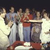 (Front L-R) Producer Joseph Papp & actors Tony Azito, Kevin Kline, Rex Smith, Patricia Routledge & Linda Ronstadt w. cast at 34th birthday party of the New York Shakespeare Festival during rehearsal for their production of the musical "The Pirates of Penzance." (New York)