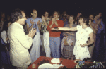 (Front L-R) Producer Joseph Papp & actors Tony Azito, Kevin Kline, Rex Smith, Patricia Routledge & Linda Ronstadt w. cast at 34th birthday party of the New York Shakespeare Festival during rehearsal for their production of the musical "The Pirates of Penzance." (New York)