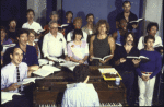 Actors Tony Azito (L), Kevin Kline (2L), Patricia Routledge (3L), George Rose (4L), Linda Ronstadt (4R) & Rex Smith (3R) w. cast in a rehearsal shot fr. the New York Shakespeare Festival's production of the musical "The Pirates of Penzance." (New York)