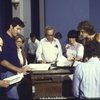 Actors (L-R) Tony Azito, Kevin Kline, Patricia Routledge, George Rose, Linda Ronstadt & Rex Smith w. cast in a rehearsal shot fr. the New York Shakespeare Festival's production of the musical "The Pirates of Penzance." (New York)