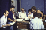 Actors (L-R) Tony Azito, Kevin Kline, Patricia Routledge, George Rose, Linda Ronstadt & Rex Smith w. cast in a rehearsal shot fr. the New York Shakespeare Festival's production of the musical "The Pirates of Penzance." (New York)