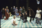 Actors Lucinda Jenney (Front L) & Christopher Walken (2R) w. cast in a scene fr. the New York Shakespeare Festival's production of the play "Cinders." (New York)