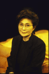 Songwriter Yoko Ono sitting on stage during rehearsal for the WPA Theatre's production of her musical "New York Rock." (New York)