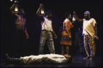 Actors (L-R) Eric Riley, Milton Craig Nealy, La Chanze & Ellis E. Williams standing above Jerry Dixon (on floor) in a scene fr. the Playwrights Horizons' production of the musical "Once On This Island." (New York)