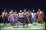 Actors (L-R) Keith Tyrone, James Stovall (rear), Monique Cintron, Vanita Harbour, Natalie Venetia Belcon, Carol Dennis (C), Gerry McIntyre, Sheila Gibbs & Miles Watson in a scene fr. the National tour of the Broadway musical "Once On This Island." (Chicago)