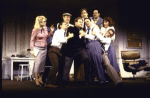 Actors (L-R) Bitty Schram, Stephen Mailer, J. K. Simmons, Ron Orbach, Mark Linn-Baker (top), Nathan Lane, Lewis J. Stadlen, Randy Graff and John Slattery in a scene from the Broadway play "Laughter on the 23rd Floor." (New York)