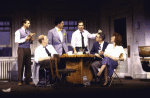 Actors (L-R) Stephen Mailer, J. K. Simmons, Lewis J. Stadlen, Mark Linn-Baker, John Slattery and Randy Graff in a scene from the Broadway play "Laughter on the 23rd Floor." (New York)