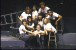 Actors (Top L-R) Lynn Paynter, Clare Fields, Stephani Hardy, Justin Ross and Andre Montgomery; (Front (L-R) Sarah Knapp, Sasha Charnin, Bob Stillman and Adinah Alexander in a scene from the Off-Broadway musical "No Frills Revue." (New York)