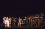 Actresses (Center L-R) Holly Irwin & Cathy Rigby w. cast in a scene fr. the revival of the Broadway musical "Peter Pan." (New York)