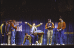 Actors (L-R) Brent Barrett, Stephen Bogardus, Reed Jones, G. Russell Weilandich, Mark Fotopoulos, Mark Bove, Todd Lester, Brian Kaman & Cleve Asbury in a scene fr. the Broadway revival of the musical "West Side Story." (New York)