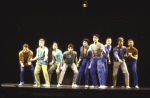 Actors (L-R) Stephen Bogardus, Todd Lester, Mark Fotopoulos, Brian Kaman, Brent Barrett, Mark Bove, G. Russell Weilandich, Reed Jones & Cleve Asbury in a scene fr. the Broadway revival of the musical "West SIde Story." (New York)