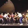 Actors (Front L-R) Luis Perez & Kevin Neil McCready rumbling w. cast looking on in a scene fr. the 1985 National tour of the Broadway musical "West Side Story." WASHINGTON