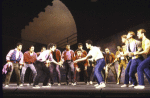 Actors (Front L-R) Luis Perez & Kevin Neil McCready rumbling w. cast looking on in a scene fr. the 1985 National tour of the Broadway musical "West Side Story." WASHINGTON