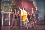 Actors (L-R) Eddie Pruett, Michael Radigan, Ann Miller, Jonathan Aronson and Jeff Veazey in a scene from the Broadway musical burlesque revue "Sugar Babies." (New York)